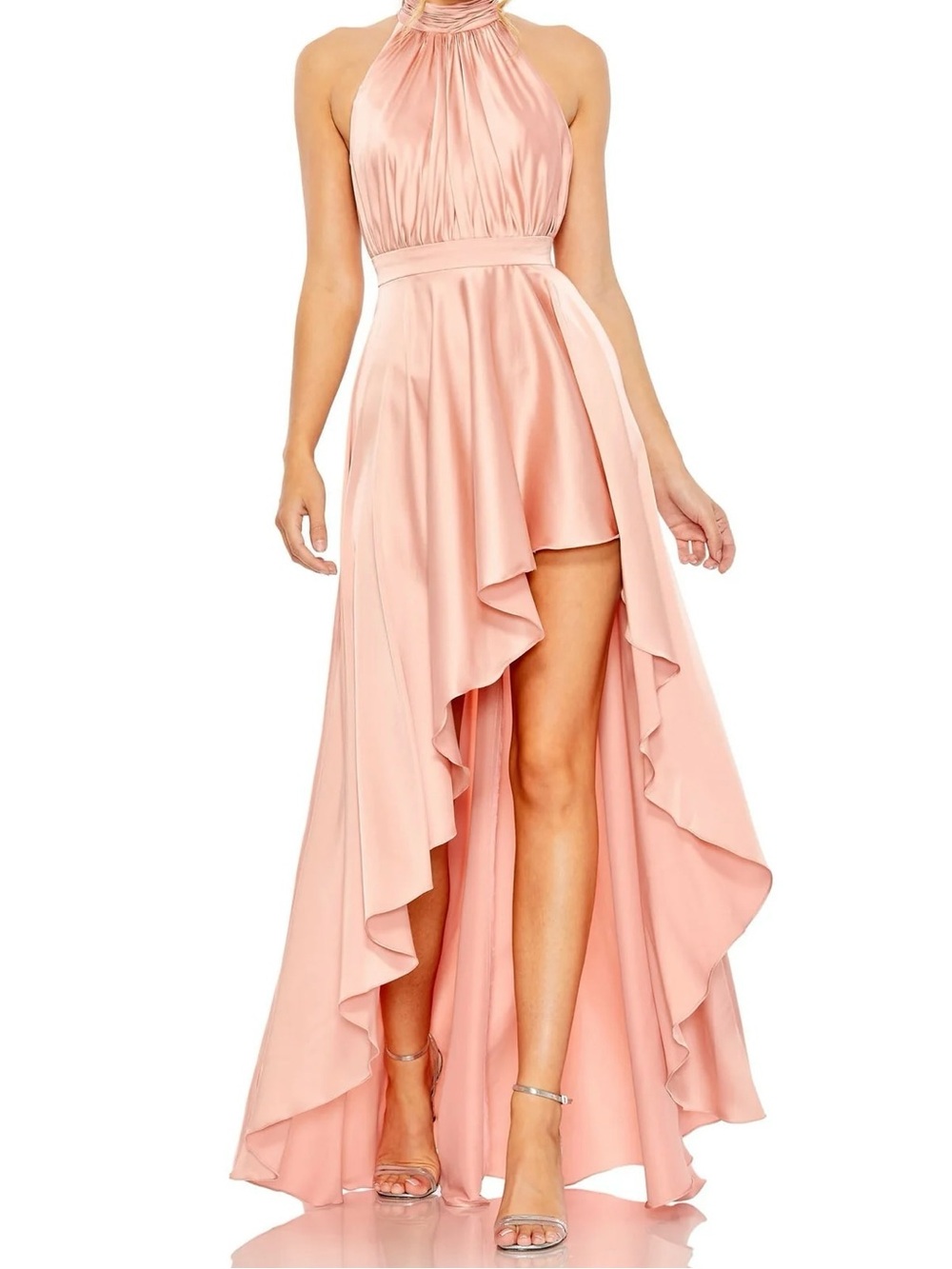Mac Duggal 49664 Satin High Low Gown Rose Peach Halter NWT Size 10